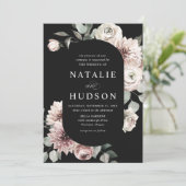 Invitation Mariage noir à charpente florale en hiver (Debout devant)