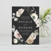 Invitation Mariage noir à charpente florale en hiver (Debout devant)