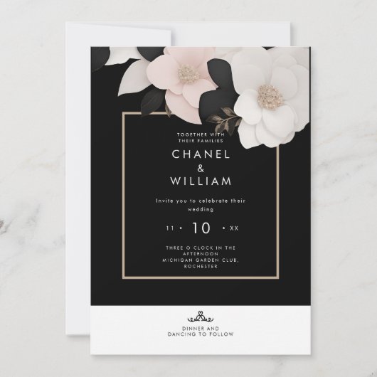 Invitation Mariage noir à fleurs d'inspiration chanelle (Devant)