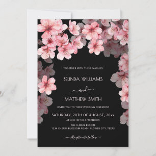Invitation Mariage noir à l'aquarelle Cerisier Fleur