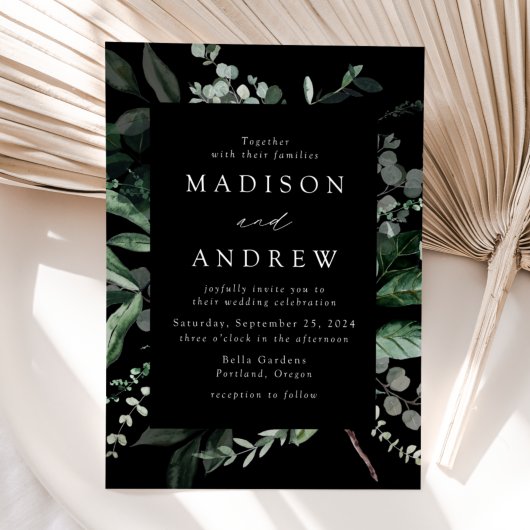 Invitation Mariage noir à verdure abondante