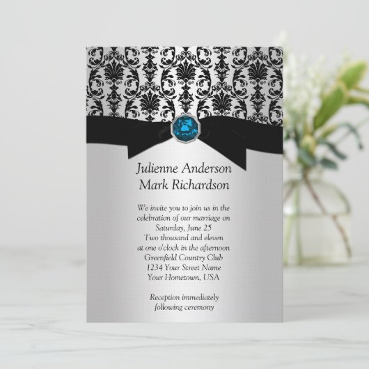 Invitation Mariage noir argent Damask Turquoise (Debout devant)
