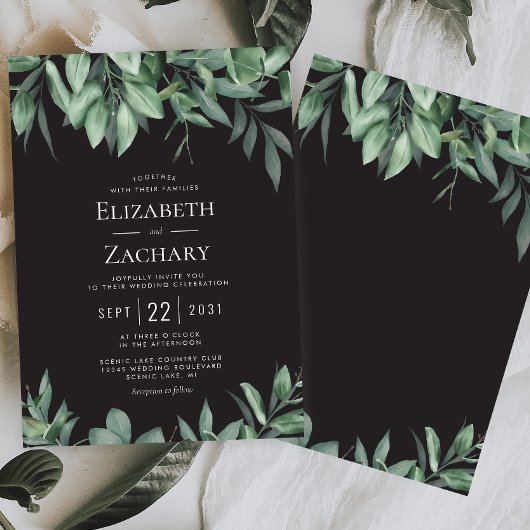 Invitation Mariage Noir avec Bordure de Verdure Luxuriante