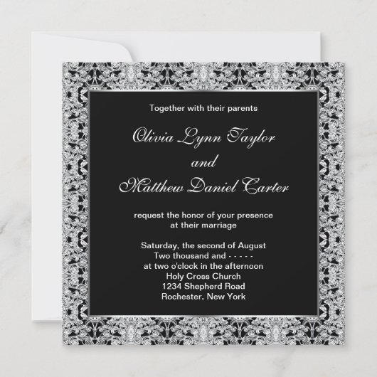 Invitation Mariage noir blanc argent dentelle (Devant)