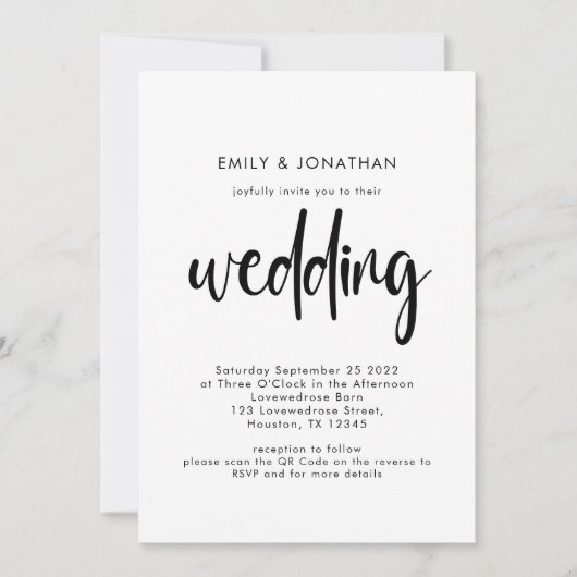 Invitation Mariage noir blanc de code QR de script simple (Devant)