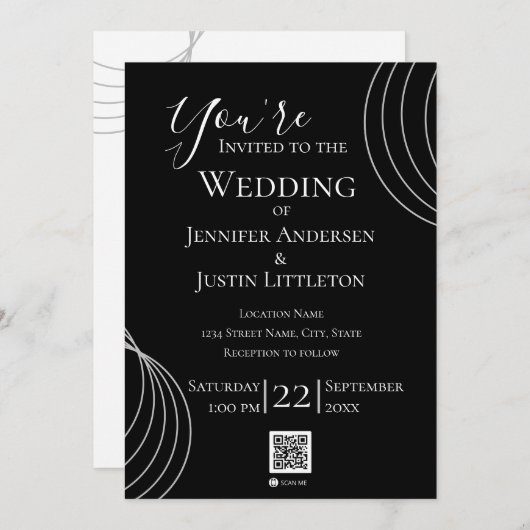Invitation Mariage noir blanc du code QR (Devant / Derrière)