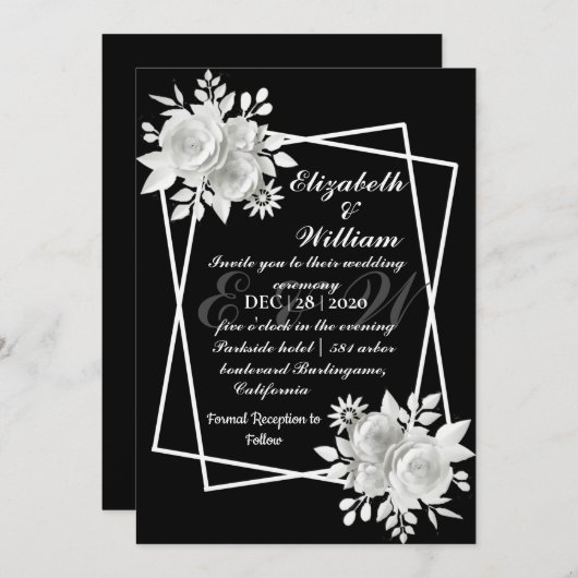 Invitation Mariage noir blanc élégant (Devant / Derrière)