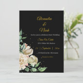 Invitation Mariage noir blanc élégant floral rose chic Rose (Debout devant)