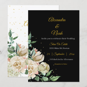 Invitation Mariage noir blanc élégant floral rose chic Rose