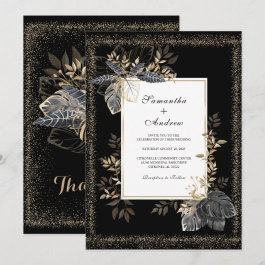 Invitation Mariage Noir Blanc Et Or (Devant / Derrière)
