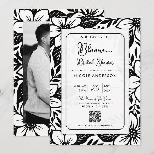 Invitation Mariage Noir & Blanc Fleurs Épanouies (Devant / Derrière)