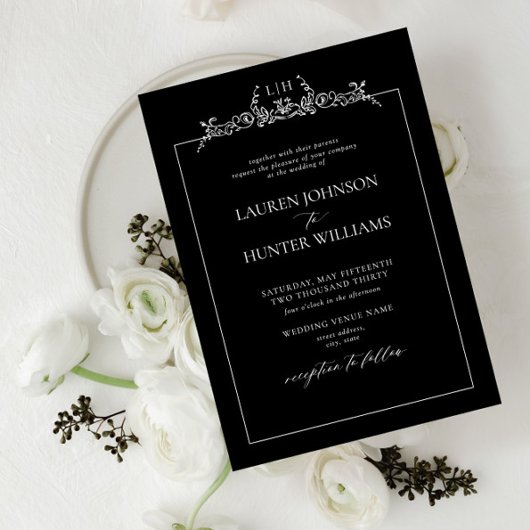 Invitation Mariage noir blanc floral bordure 