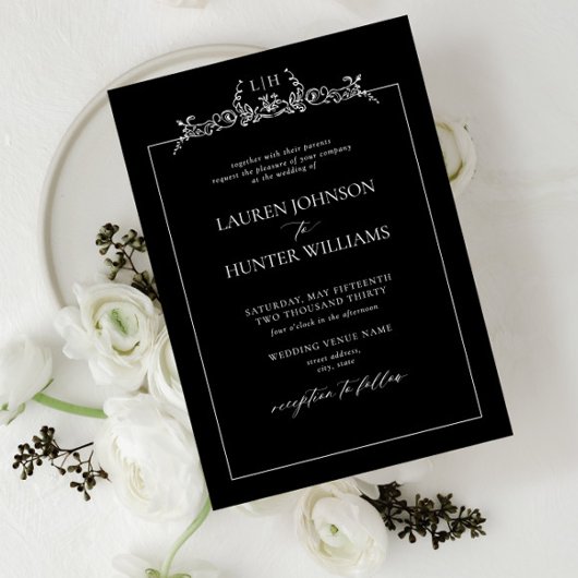 Invitation Mariage noir blanc floral bordure 