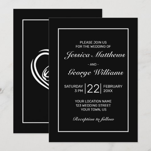 Invitation Mariage noir blanc minimaliste moderne (Devant / Derrière)