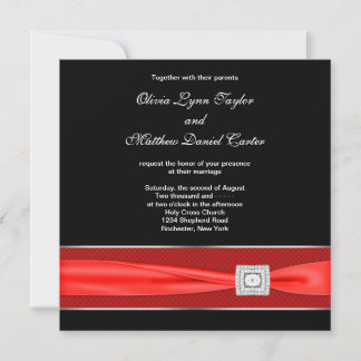 Invitation Mariage noir blanc rouge ruban noir