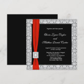 Invitation Mariage Noir Blanc Ruban Rouge (Devant / Derrière)