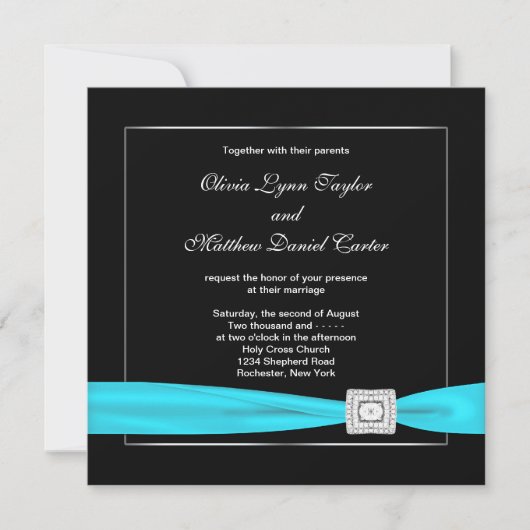 Invitation Mariage Noir Blanc Sarcelle Argent (Devant)