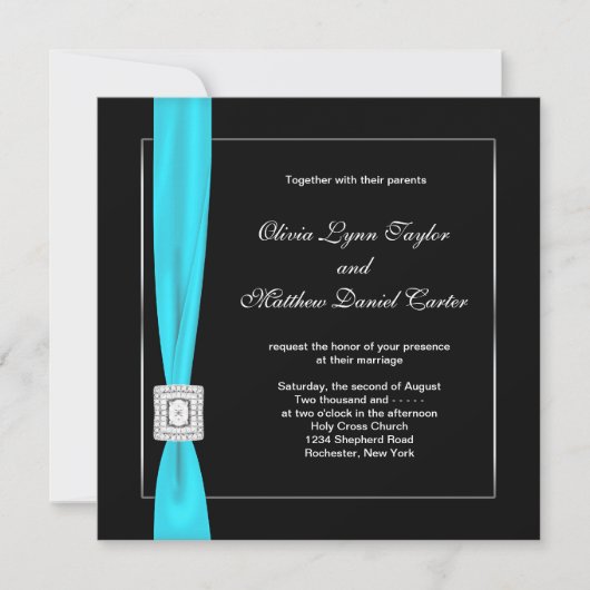 Invitation Mariage Noir Blanc Sarcelle Bleu Sarcelle Nœud (Devant)