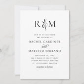 Invitation Mariage noir blanc simple monogramme (Devant)