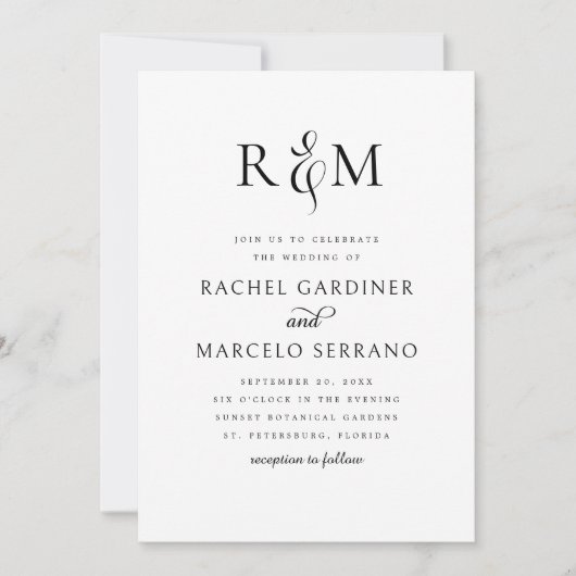 Invitation Mariage noir blanc simple monogramme (Devant)