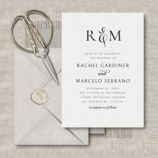 Invitation Mariage noir blanc simple monogramme