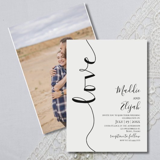 Invitation Mariage, Noir & Blanc Simple, Typographie, Script,