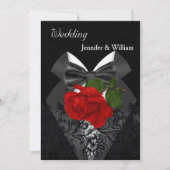 Invitation Mariage noir blanc Tuxedo profond rouge rose 2 (Devant)