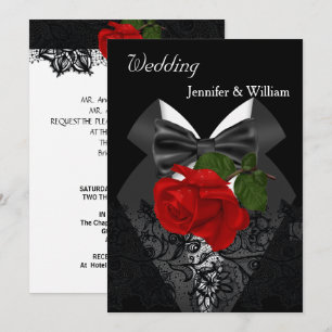 Invitation Mariage noir blanc Tuxedo profond rouge rose 2