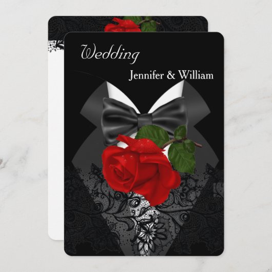 Invitation Mariage noir blanc Tuxedo profond rouge rose 2c (Devant / Derrière)