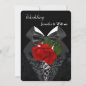 Invitation Mariage noir blanc Tuxedo profond rouge rose 2c (Devant)