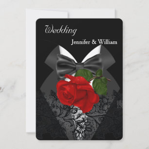 Invitation Mariage noir blanc Tuxedo profond rouge rose 2c