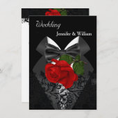 Invitation Mariage noir blanc Tuxedo profond rouge rose 2d (Devant / Derrière)