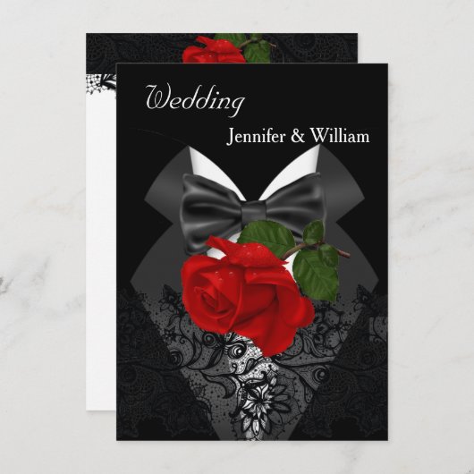 Invitation Mariage noir blanc Tuxedo profond rouge rose 2d (Devant / Derrière)