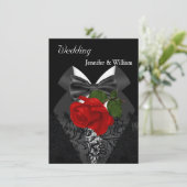 Invitation Mariage noir blanc Tuxedo profond rouge rose 2d (Debout devant)