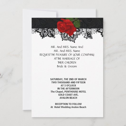 Invitation Mariage noir blanc Tuxedo profond rouge rose 2d (Dos)