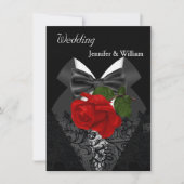 Invitation Mariage noir blanc Tuxedo profond rouge rose 2d (Devant)