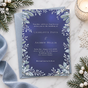 Invitation Mariage noir botanique bleu glacial d'hiver
