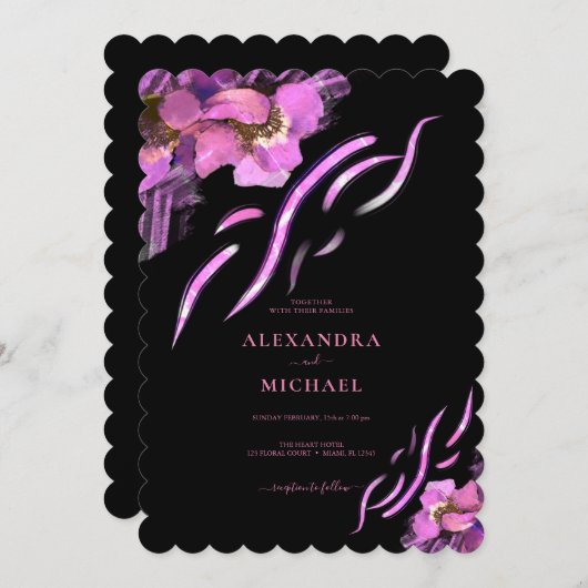 Invitation Mariage noir chic rose Iris (Devant / Derrière)