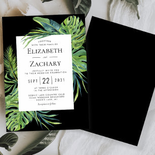 Invitation Mariage noir de cadre de feuillage Tropical Lush