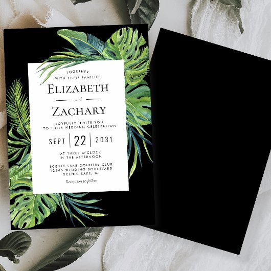 Invitation Mariage noir de cadre de feuillage Tropical Lush