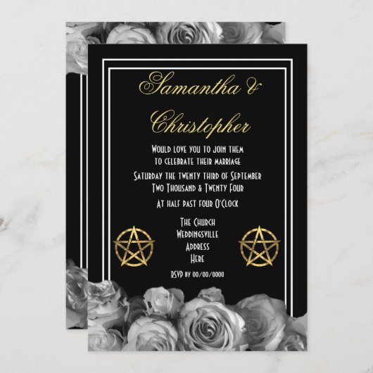 Invitation mariage noir de pentacle Wiccan (Devant / Derrière)