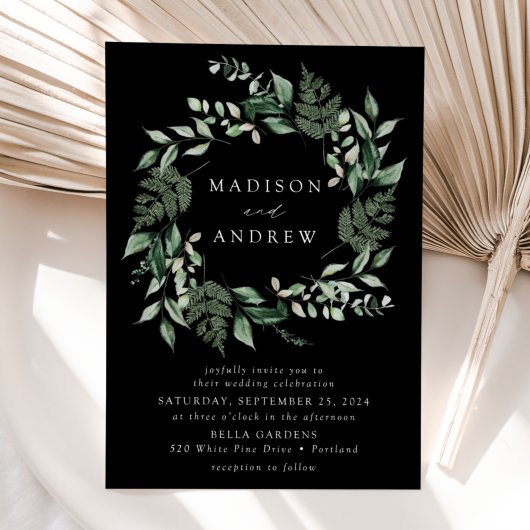 Invitation Mariage noir de verdure abondante