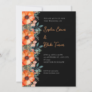 Invitation Mariage Noir Élégant aux Fleurs Orange et au Feuil