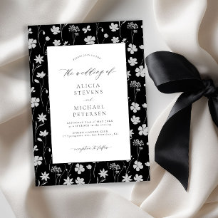 Invitation Mariage noir élégant avec jardin floral blanc