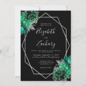 Invitation Mariage noir Emerald Green Floral Argent Frame (Devant)