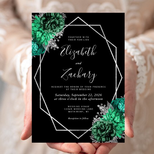 Invitation Mariage noir Emerald Green Floral Argent Frame