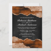 Invitation Mariage noir en marbre orange vif (Devant)
