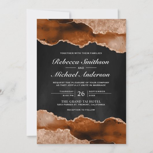 Invitation Mariage noir en marbre orange vif (Devant)
