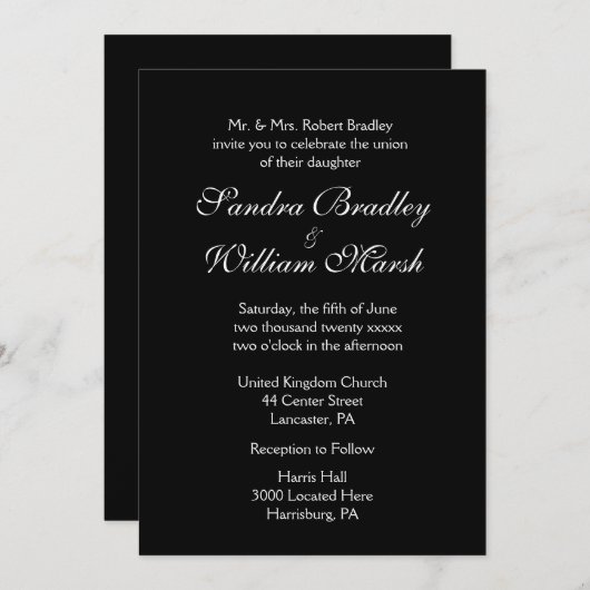 Invitation Mariage noir et blanc (Devant / Derrière)