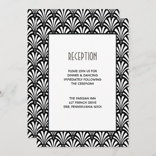 Invitation Mariage noir et blanc d'art déco élégant de Gatsby (Devant / Derrière)